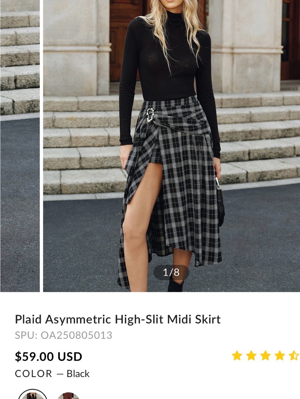 Commense Black & Gray Plaid Asymmetric High-Slit Midi Skirt